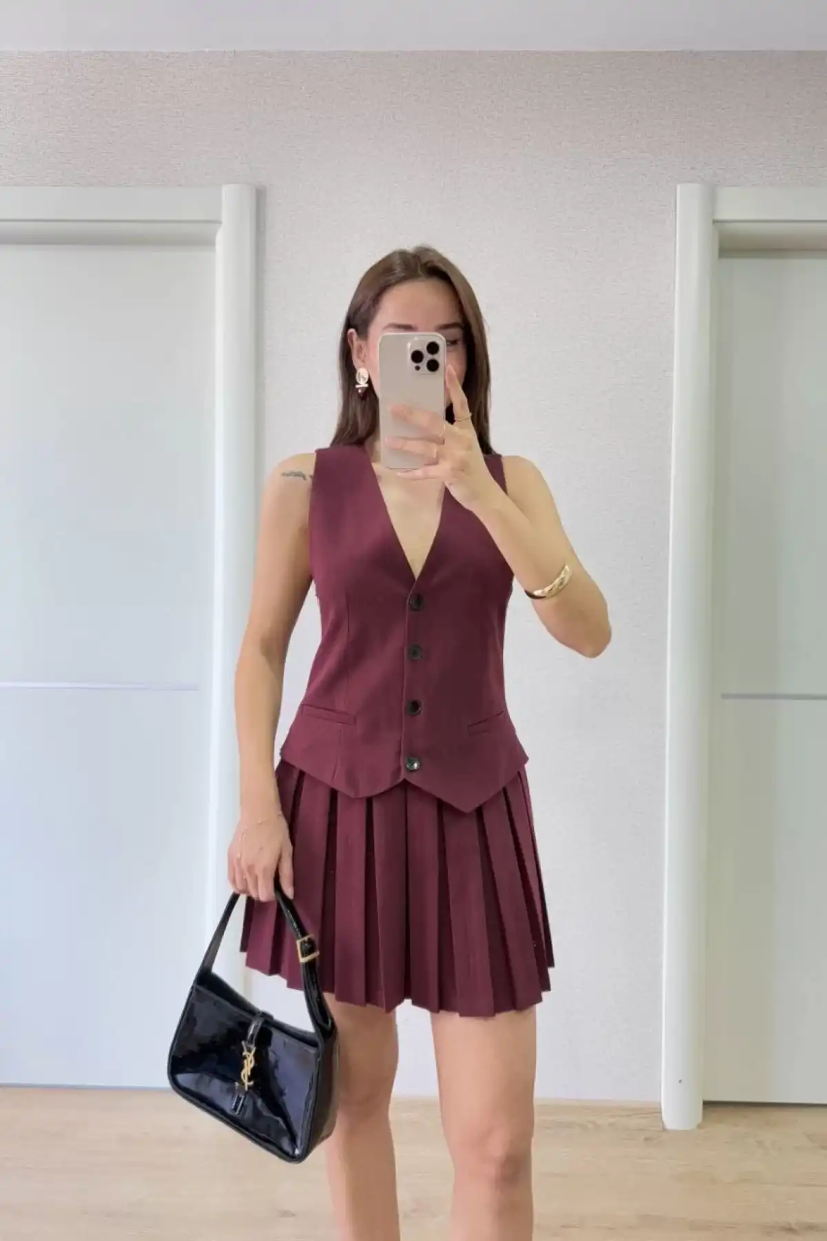 Keten Takım Görünümlü Düğme Detaylı Yelekli Mini Elbise - Bordo