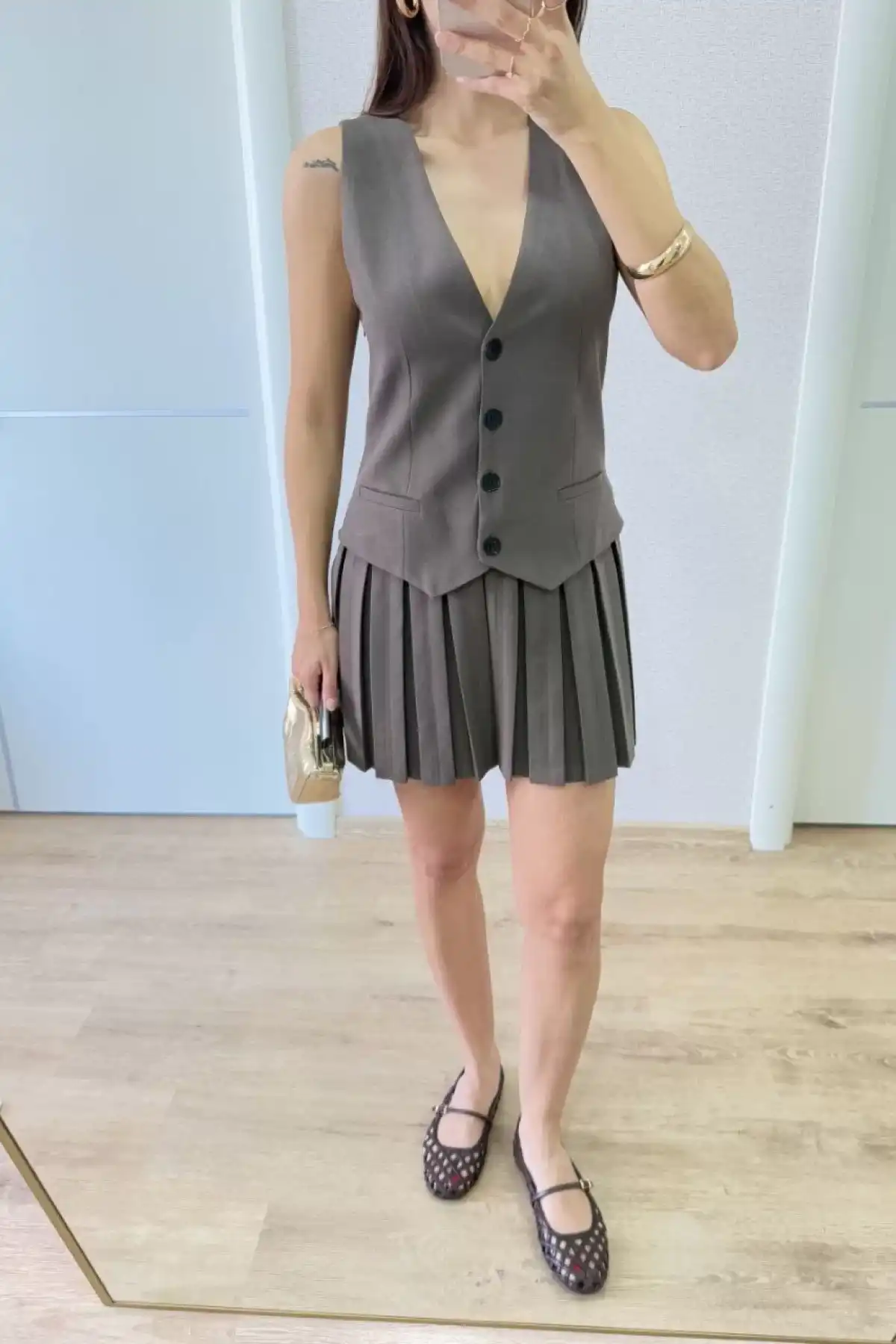 Keten Takım Görünümlü Düğme Detaylı Yelekli Mini Elbise - Füme