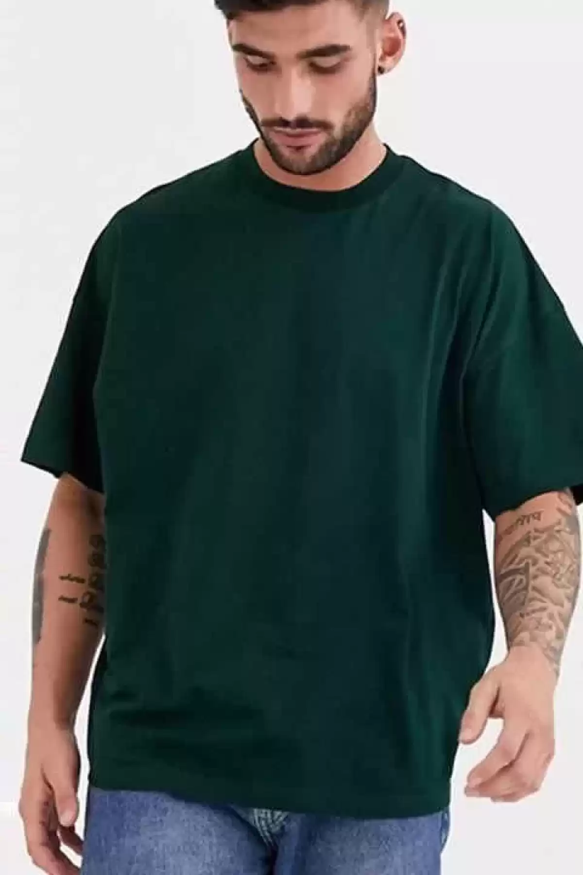 Unisex Basic Bisiklet Yaka Oversize T-Shirt - Haki
