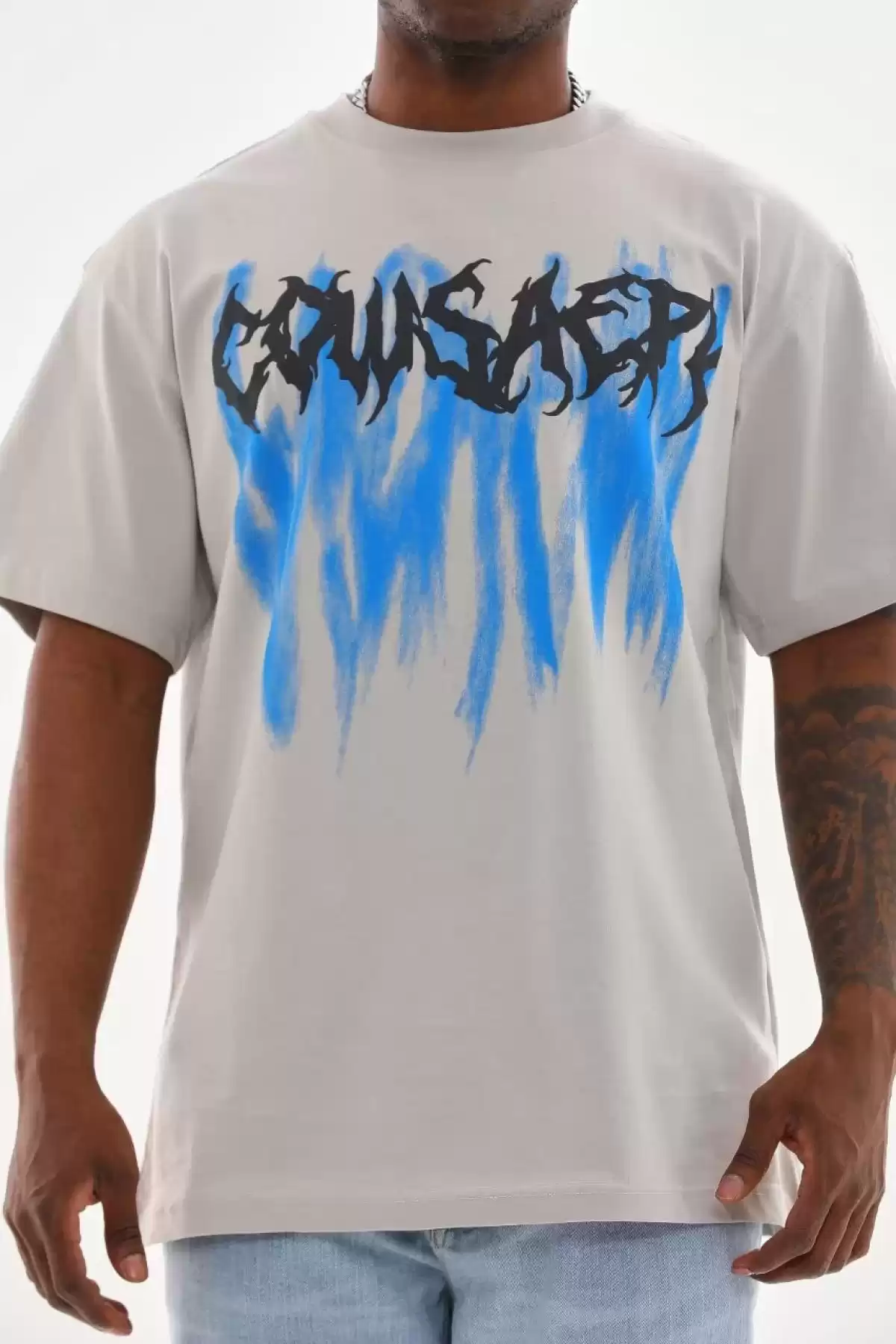 Unisex Baskılı Oversize T-Shirt - Gri