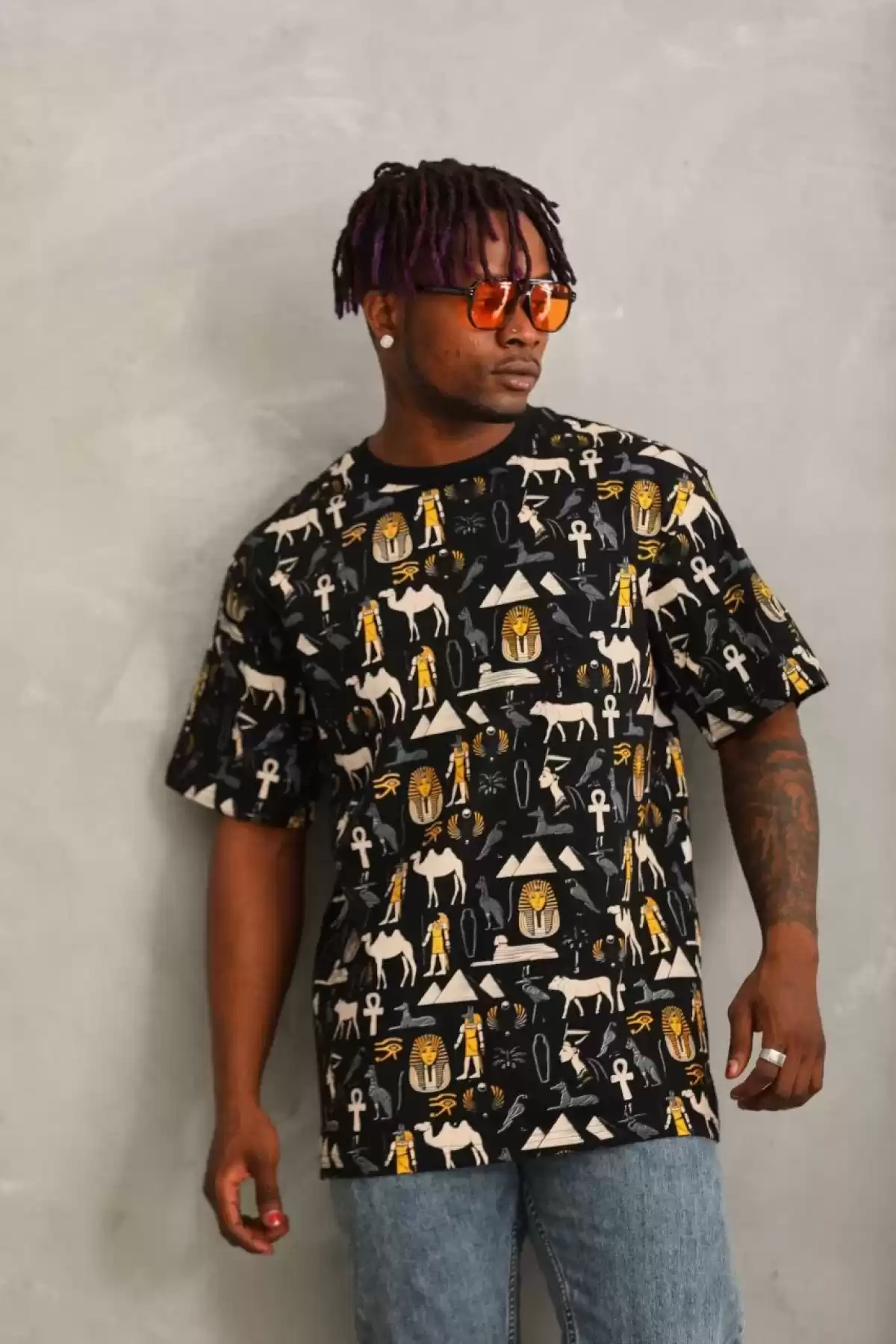 Unisex Oversize Baskılı Bisiklet Yaka T-Shirt - Siyah