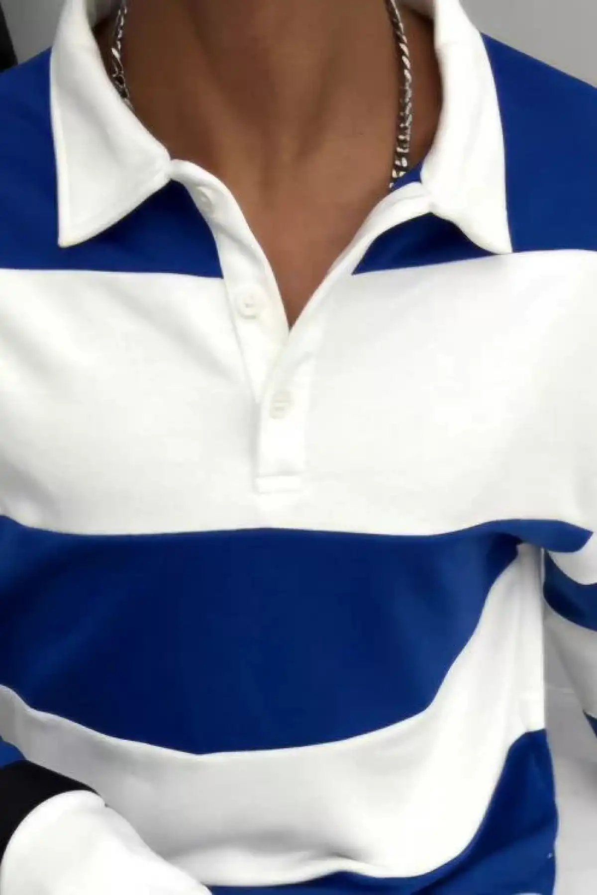 Unisex Üç İplik Parçalı Yakalı SweatShirt - Mavi