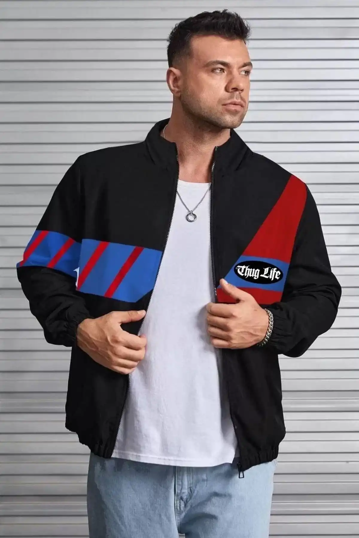 Unisex Uzun Koll Fermuarlı Baskılı Rüzgarlik - Siyah