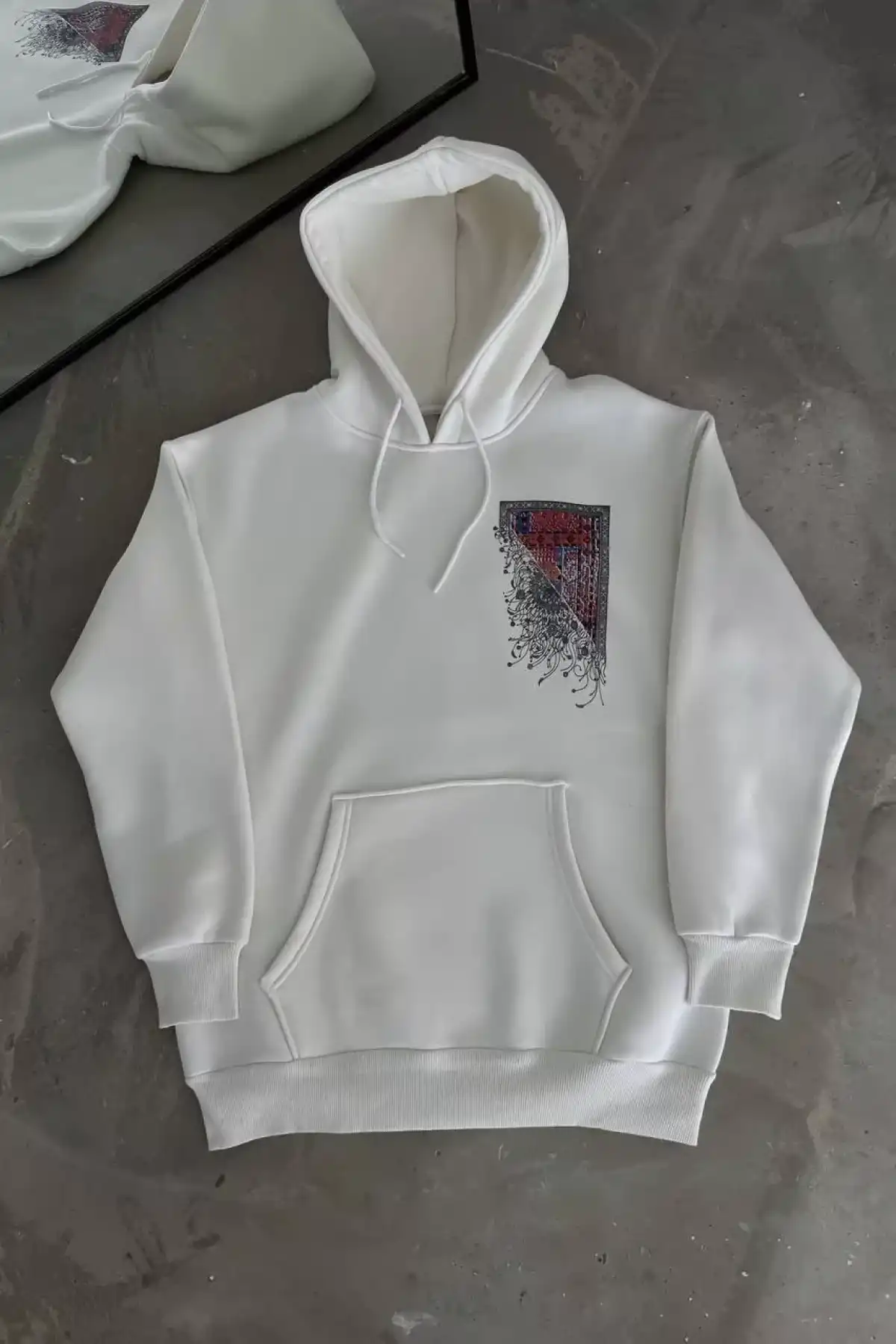 Uzun Kol Kapüşonlu Ön Ve Arka Baskılı SweatShirt - Beyaz