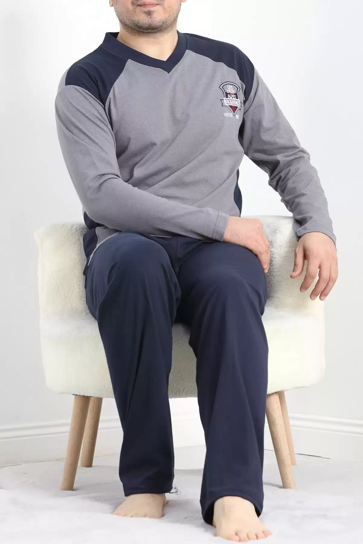 V Yaka Erkek Pijama Takımı Füme