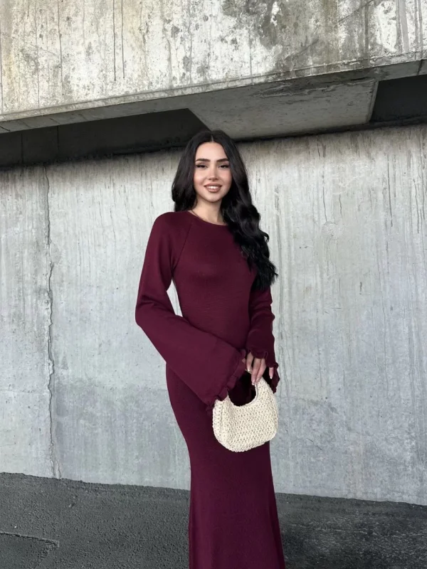 Acık Sırt Detaylı Maxi Uzun Boy Elbise- Bordo