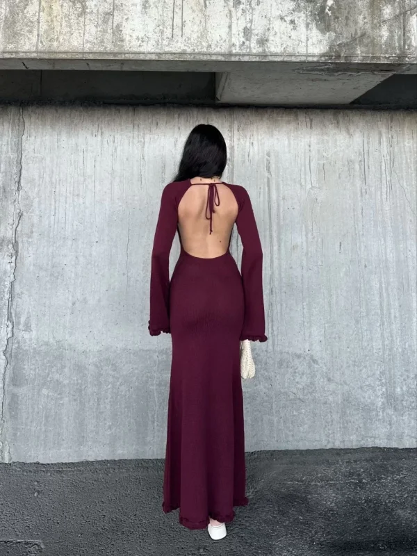 Acık Sırt Detaylı Maxi Uzun Boy Elbise- Bordo