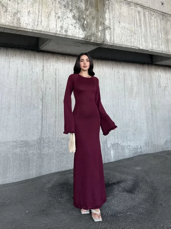 Acık Sırt Detaylı Maxi Uzun Boy Elbise- Bordo