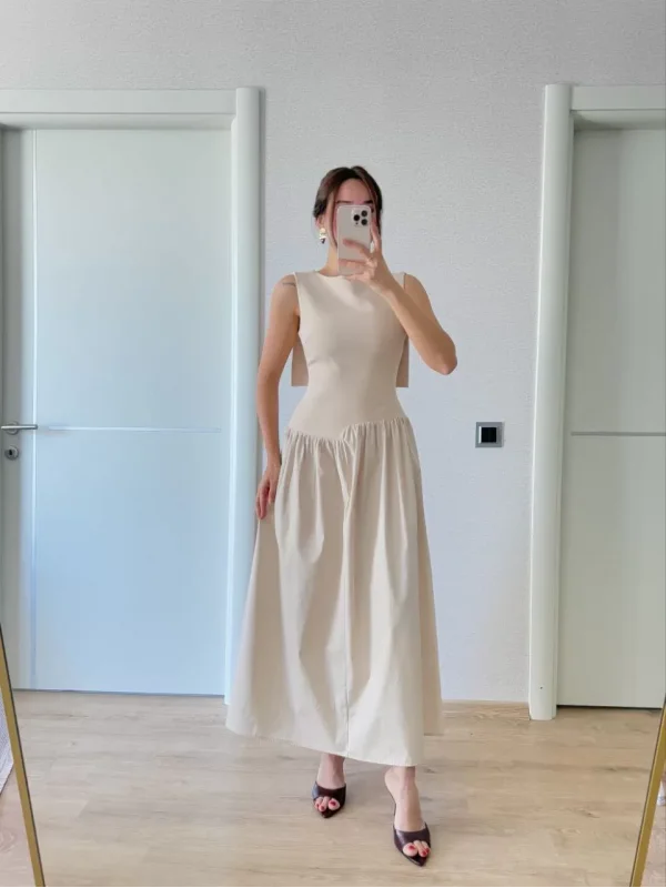 Krep Arkası Kanat Arka Ön Pens Detaylı Uzun Kadın Elbise - Bej