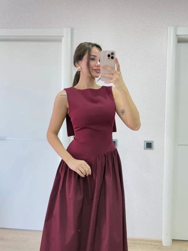 Krep Arkası Kanat Arka Ön Pens Detaylı Uzun Kadın Elbise - Bordo