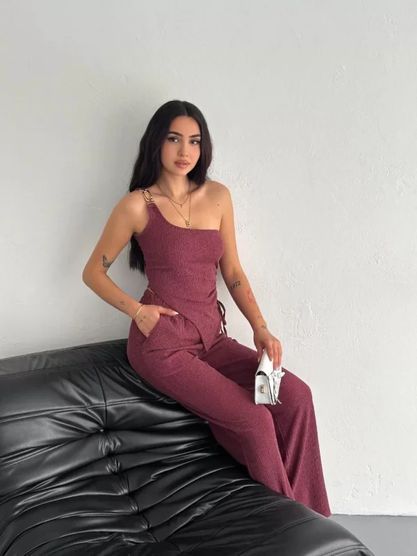 Asimetrik Crop Pantalon ikili Takım - Gül Kurusu
