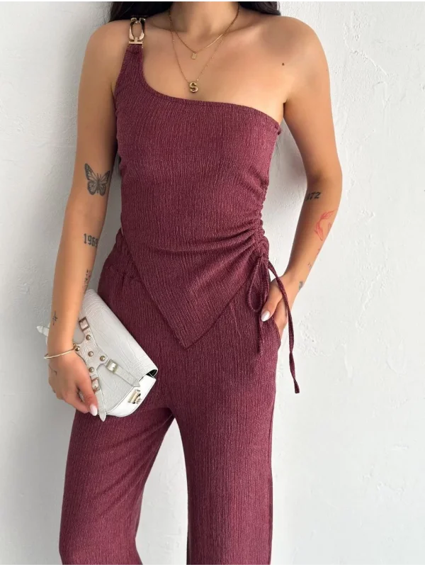 Asimetrik Crop Pantalon ikili Takım - Gül Kurusu