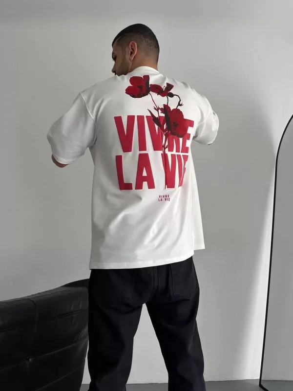 Baskılı Oversize Bisiklet Yaka T-shirt - Beyaz