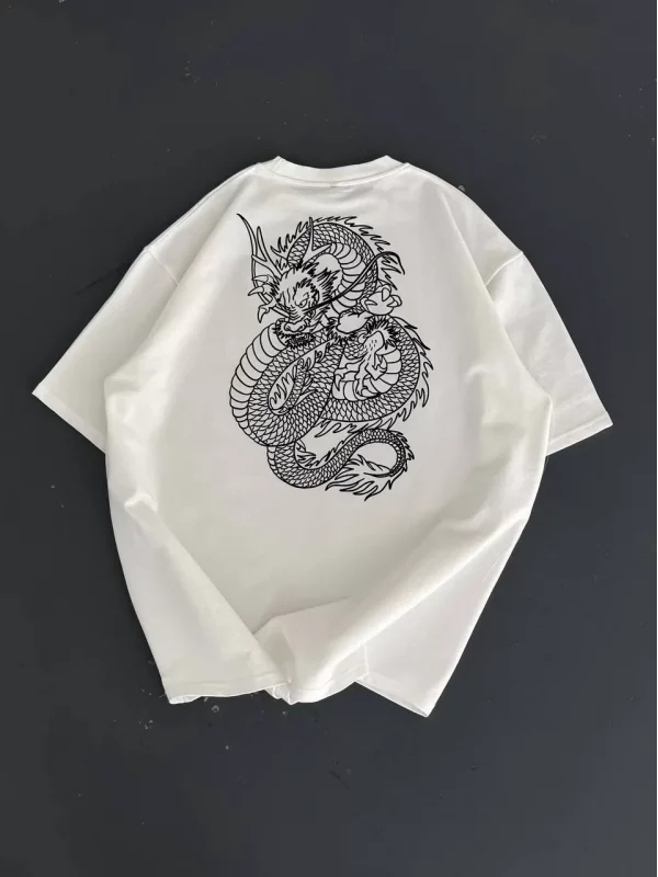 Baskılı Oversize Bisiklet Yaka T-shirt - Beyaz