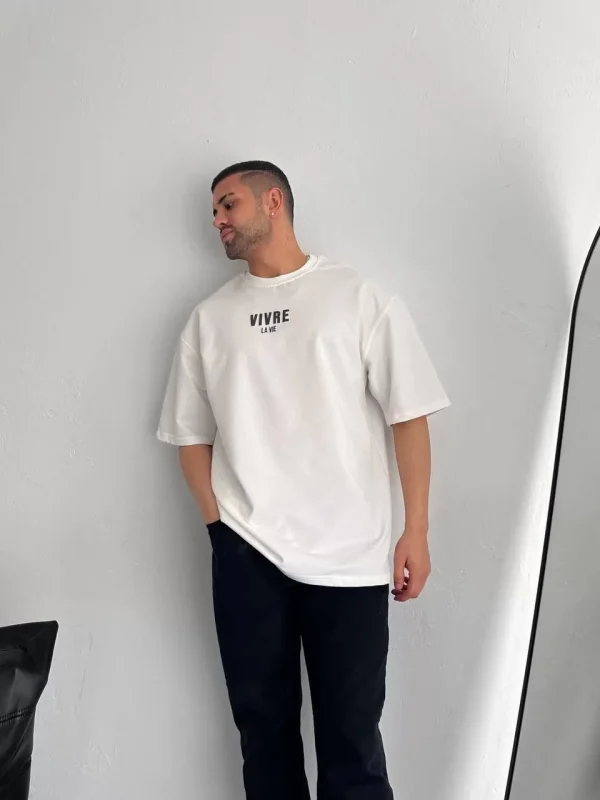 Baskılı Oversize Bisiklet Yaka T-shirt - Beyaz