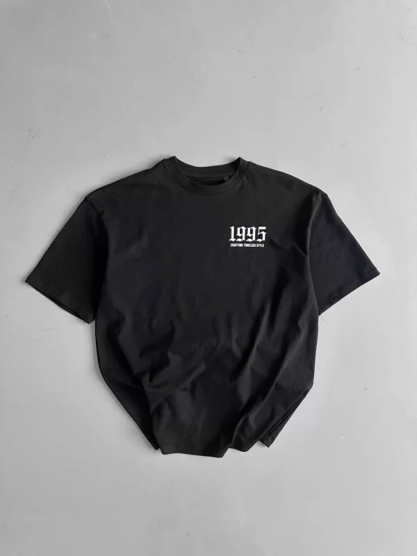 20/1 Penye Compack Baskılı Oversize Bisiklet Yaka Kısa Kol Yazlık T-shirt - Siyah