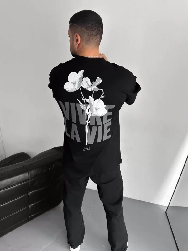 Baskılı Oversize Bisiklet Yaka T-shirt - Siyah