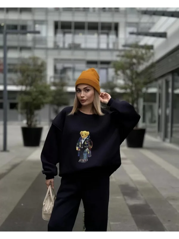 Bisiklet Yaka Üç İplik Sweat Takım - Siyah