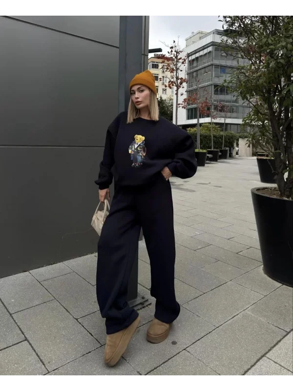 Bisiklet Yaka Üç İplik Sweat Takım - Siyah