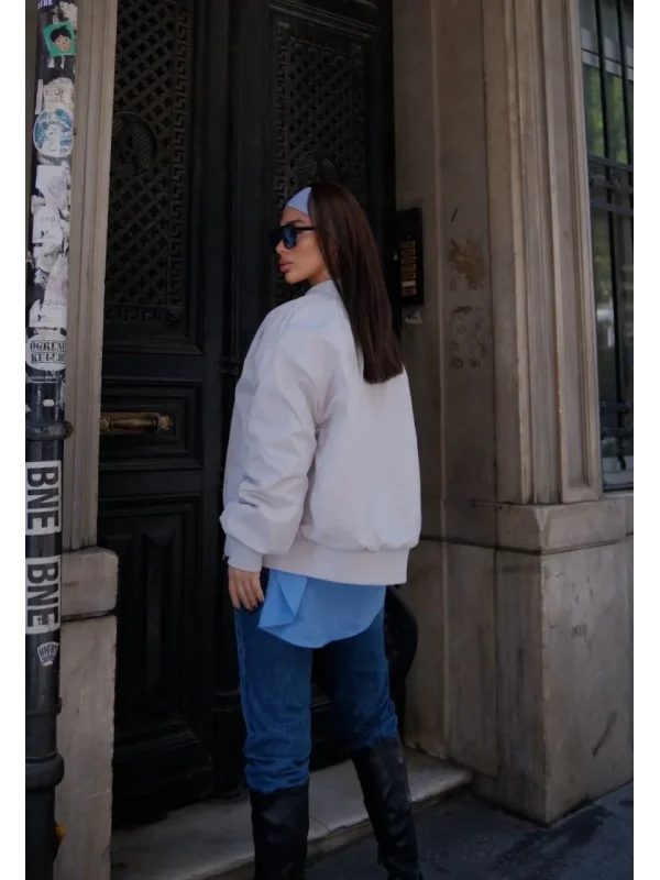 Cepli Bomber Ceket Mont - Beyaz