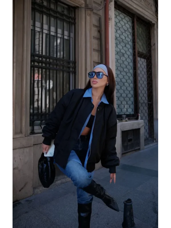 Cepli Bomber Ceket Mont - Siyah