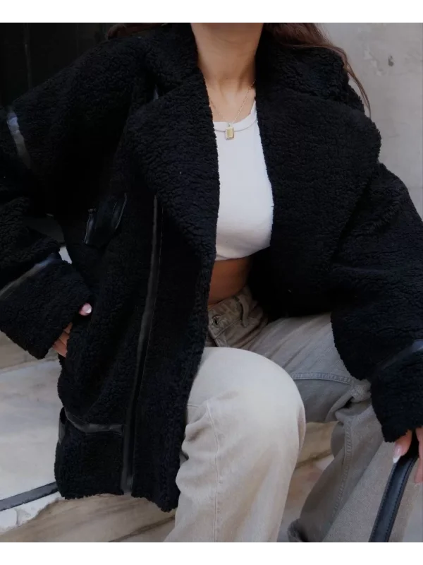 Cıt Cıt Detaylı Peluş Mont Ceket - Siyah