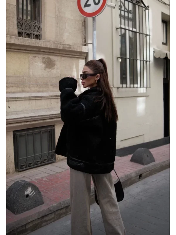 Cıt Cıt Detaylı Peluş Mont Ceket - Siyah