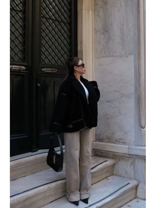 Cıt Cıt Detaylı Peluş Mont Ceket - Siyah