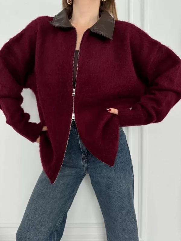 Deri Yakalı Pamuk dokulu Çift Taraflı Çalışan Fermuar Ceket - Bordo
