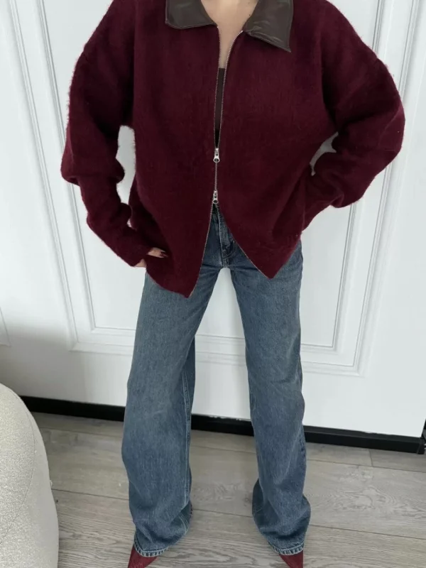 Deri Yakalı Pamuk dokulu Çift Taraflı Çalışan Fermuar Ceket - Bordo