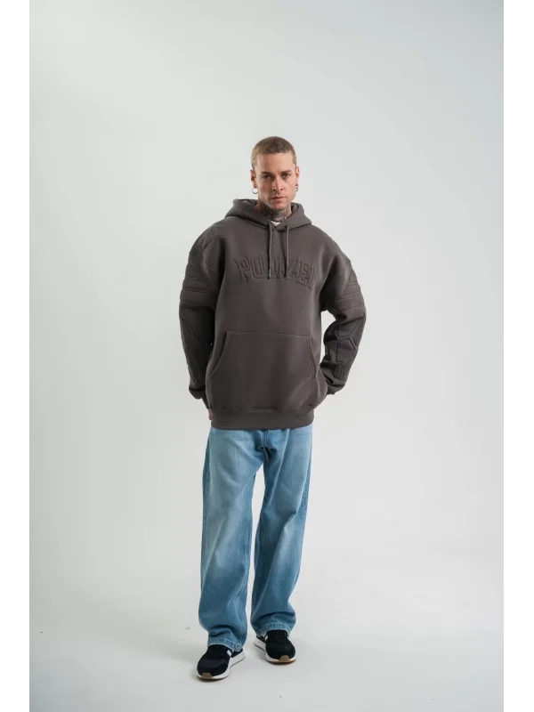Double Oversize Kapşonlu Nakışlı SweatShirt - Füme