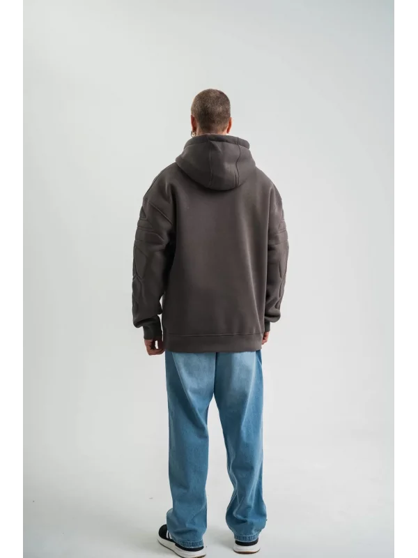 Double Oversize Kapşonlu Nakışlı SweatShirt - Füme