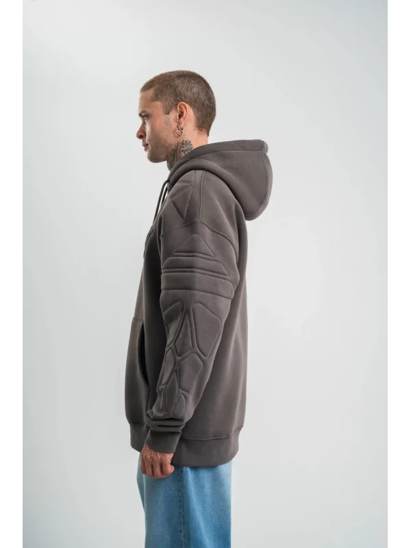 Double Oversize Kapşonlu Nakışlı SweatShirt - Füme