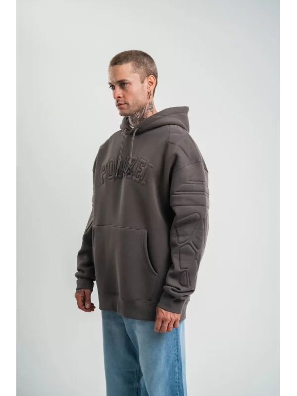 Double Oversize Kapşonlu Nakışlı SweatShirt - Füme