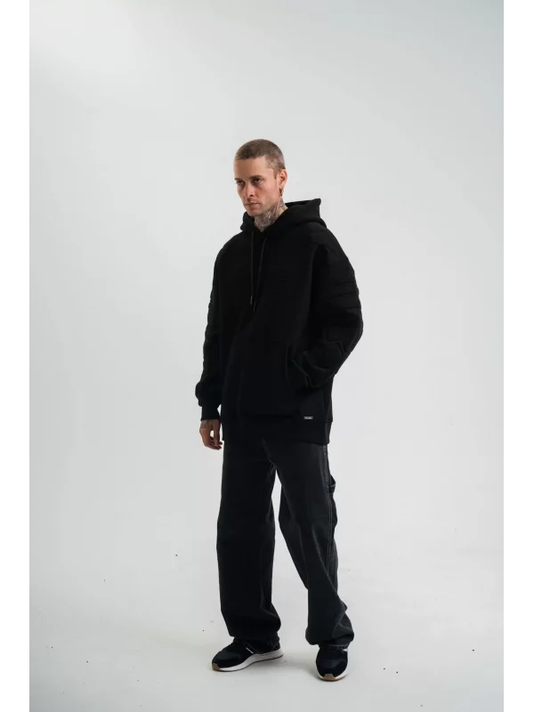 Double Oversize Kapşonlu Nakışlı SweatShirt - Siyah