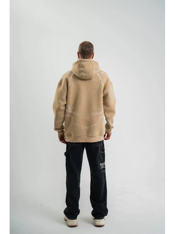 Double Oversize Kapşonlu Şimşek Pano Baskılı SweatShirt - Bej