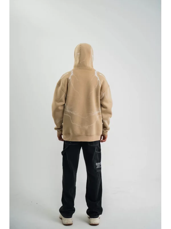 Double Oversize Kapşonlu Şimşek Pano Baskılı SweatShirt - Bej