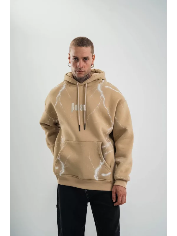 Double Oversize Kapşonlu Şimşek Pano Baskılı SweatShirt - Bej