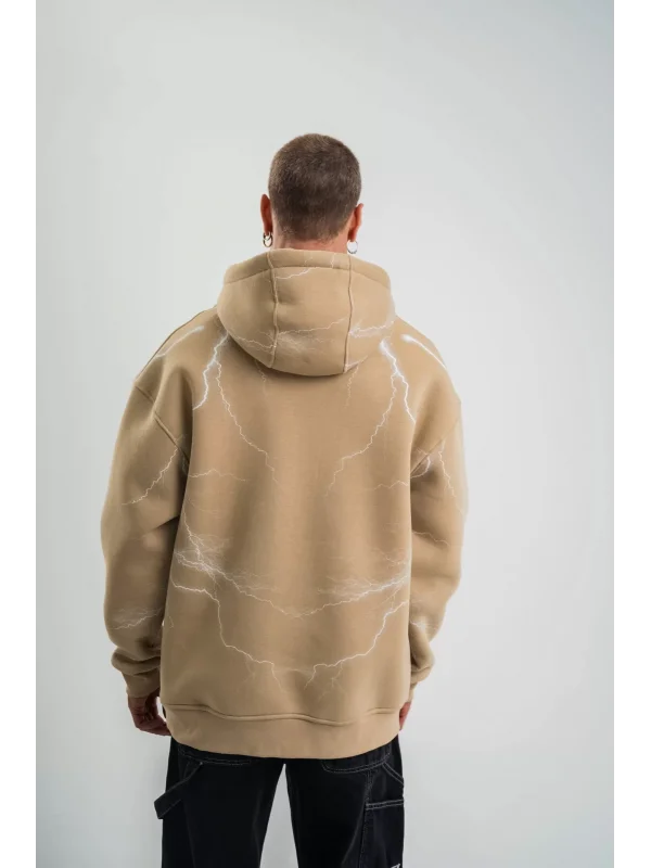 Double Oversize Kapşonlu Şimşek Pano Baskılı SweatShirt - Bej