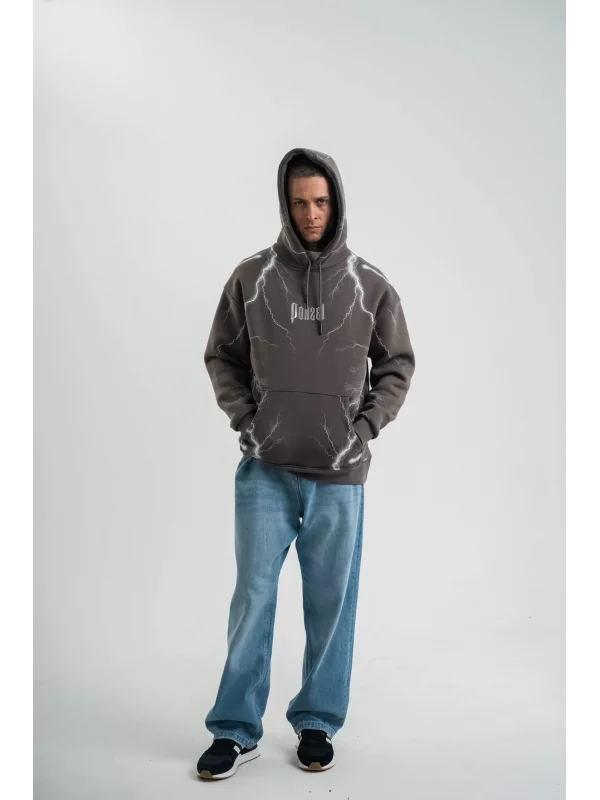 Double Oversize Kapşonlu Şimşek Pano Baskılı SweatShirt - Füme