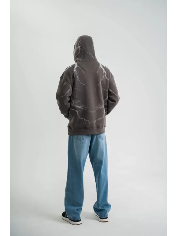 Double Oversize Kapşonlu Şimşek Pano Baskılı SweatShirt - Füme