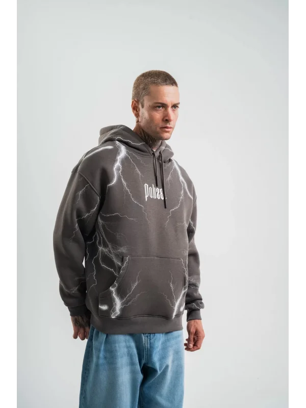 Double Oversize Kapşonlu Şimşek Pano Baskılı SweatShirt - Füme