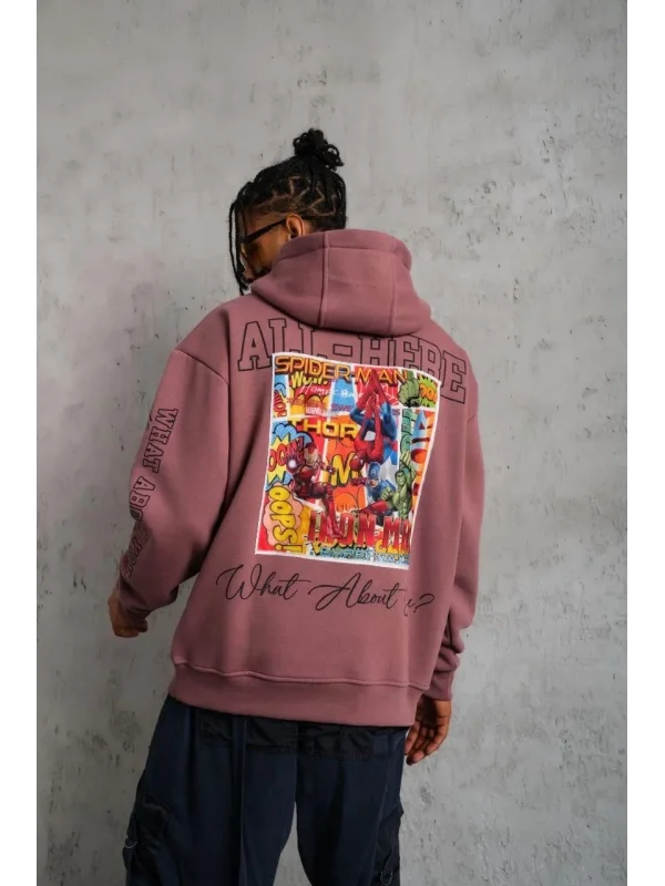 Lushiowear Erkek 3 İplik Pamuklu Kapüşonlu Baskılı Cepli Sweatshirt Hoodie - Gül Kurusu