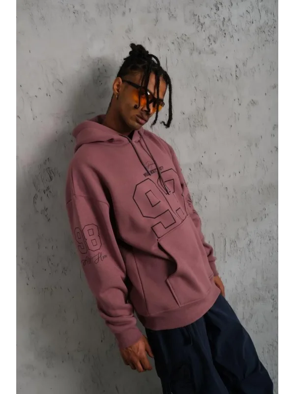 Lushiowear Erkek 3 İplik Pamuklu Kapüşonlu Baskılı Cepli Sweatshirt Hoodie - Gül Kurusu