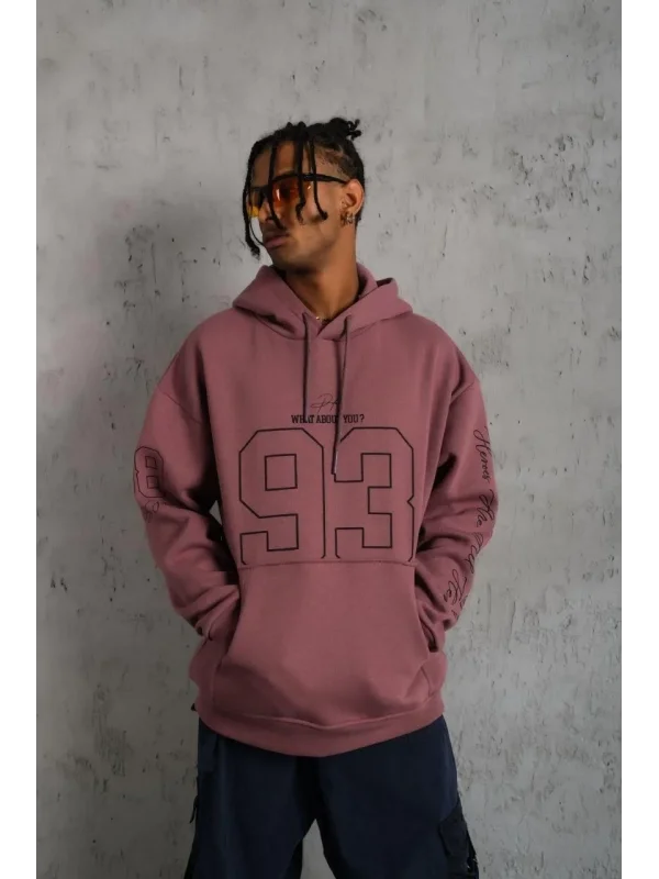 Lushiowear Erkek 3 İplik Pamuklu Kapüşonlu Baskılı Cepli Sweatshirt Hoodie - Gül Kurusu