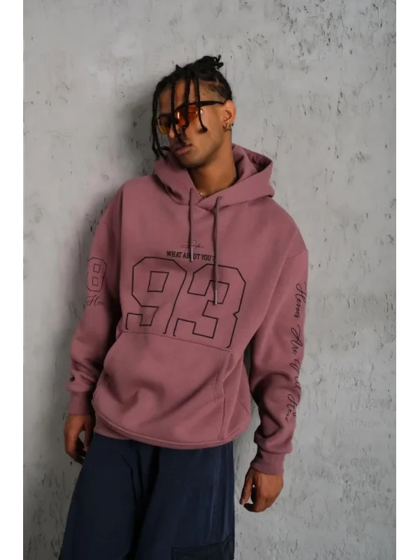 Lushiowear Erkek 3 İplik Pamuklu Kapüşonlu Baskılı Cepli Sweatshirt Hoodie - Gül Kurusu