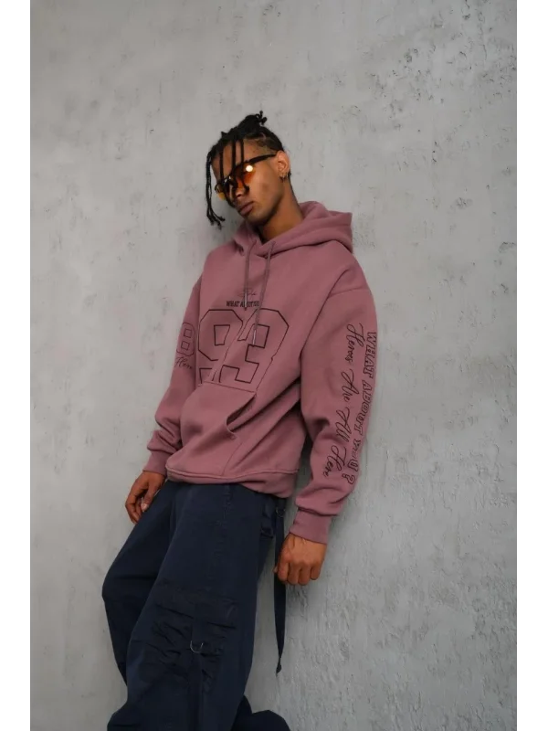 Lushiowear Erkek 3 İplik Pamuklu Kapüşonlu Baskılı Cepli Sweatshirt Hoodie - Gül Kurusu