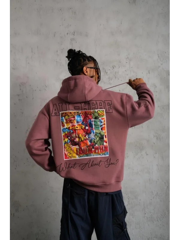 Lushiowear Erkek 3 İplik Pamuklu Kapüşonlu Baskılı Cepli Sweatshirt Hoodie - Gül Kurusu