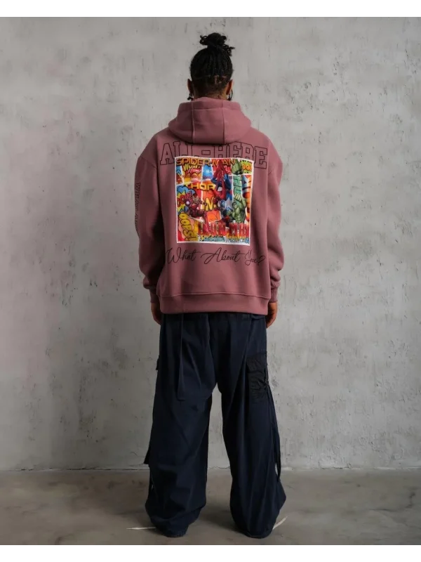 Lushiowear Erkek 3 İplik Pamuklu Kapüşonlu Baskılı Cepli Sweatshirt Hoodie - Gül Kurusu