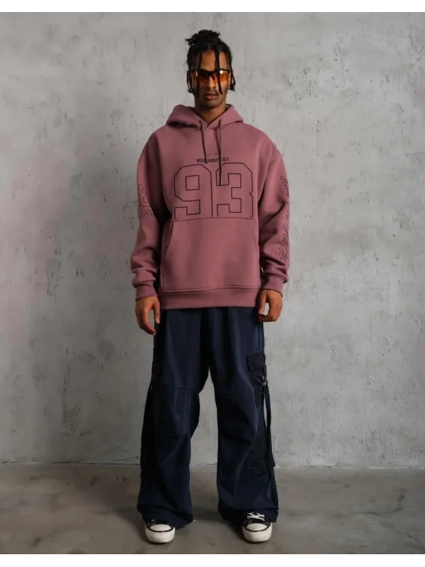 Lushiowear Erkek 3 İplik Pamuklu Kapüşonlu Baskılı Cepli Sweatshirt Hoodie - Gül Kurusu